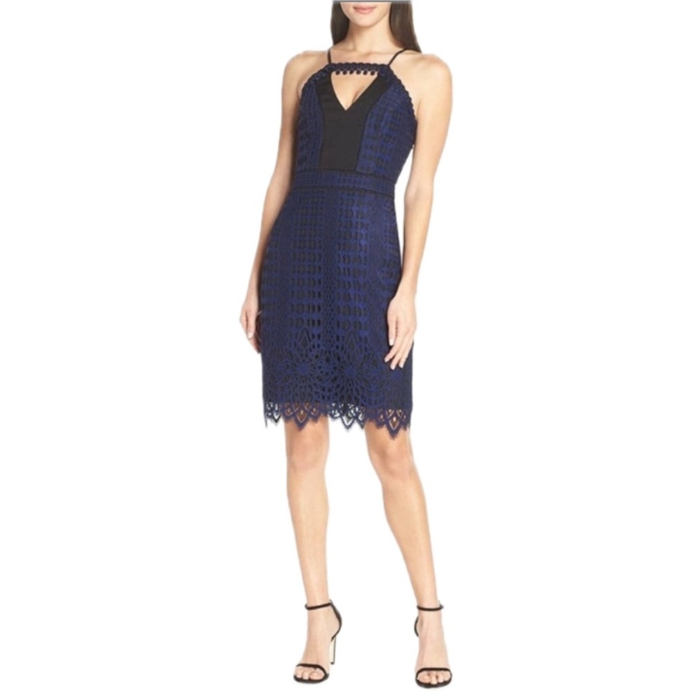 Anthropologie Harlyn Lace Halter Cocktail Dress NWT Navy Black Geometric Lace